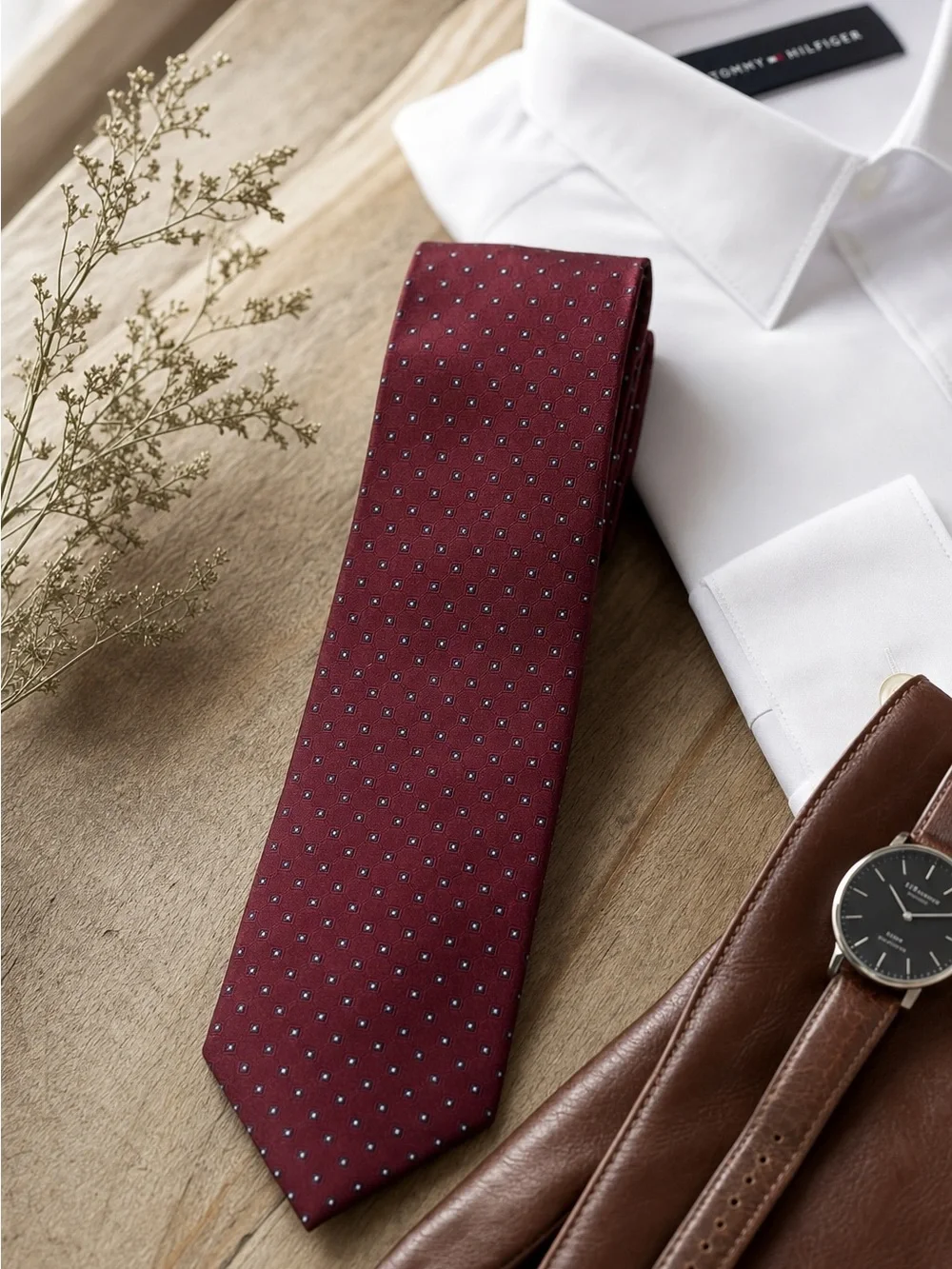 Tommy Hilfiger Burgundy Red Silk Dot Tie